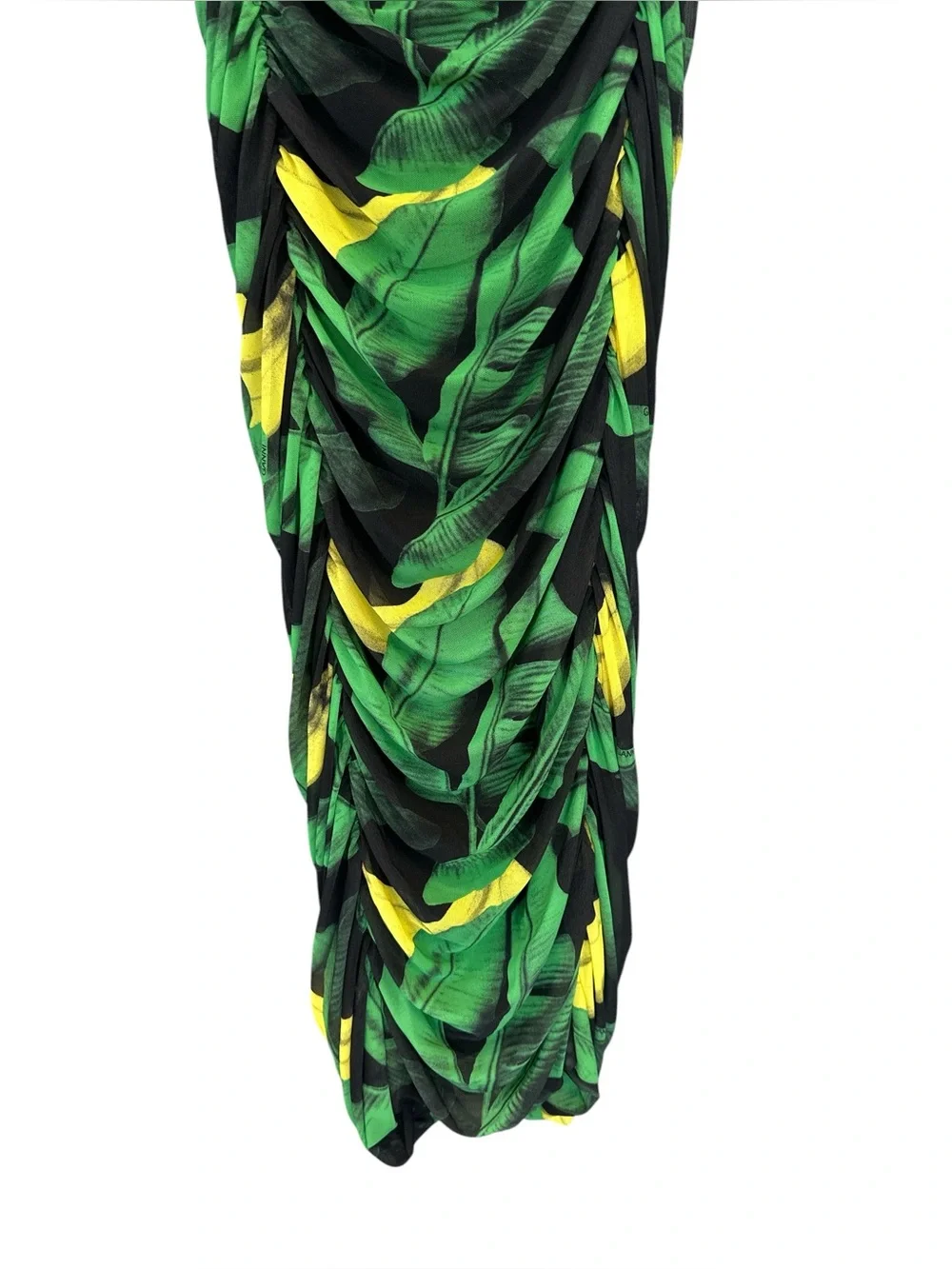 Ganni Tulle Ruched Gathered Bodycon Midi Dress Green Floral Print